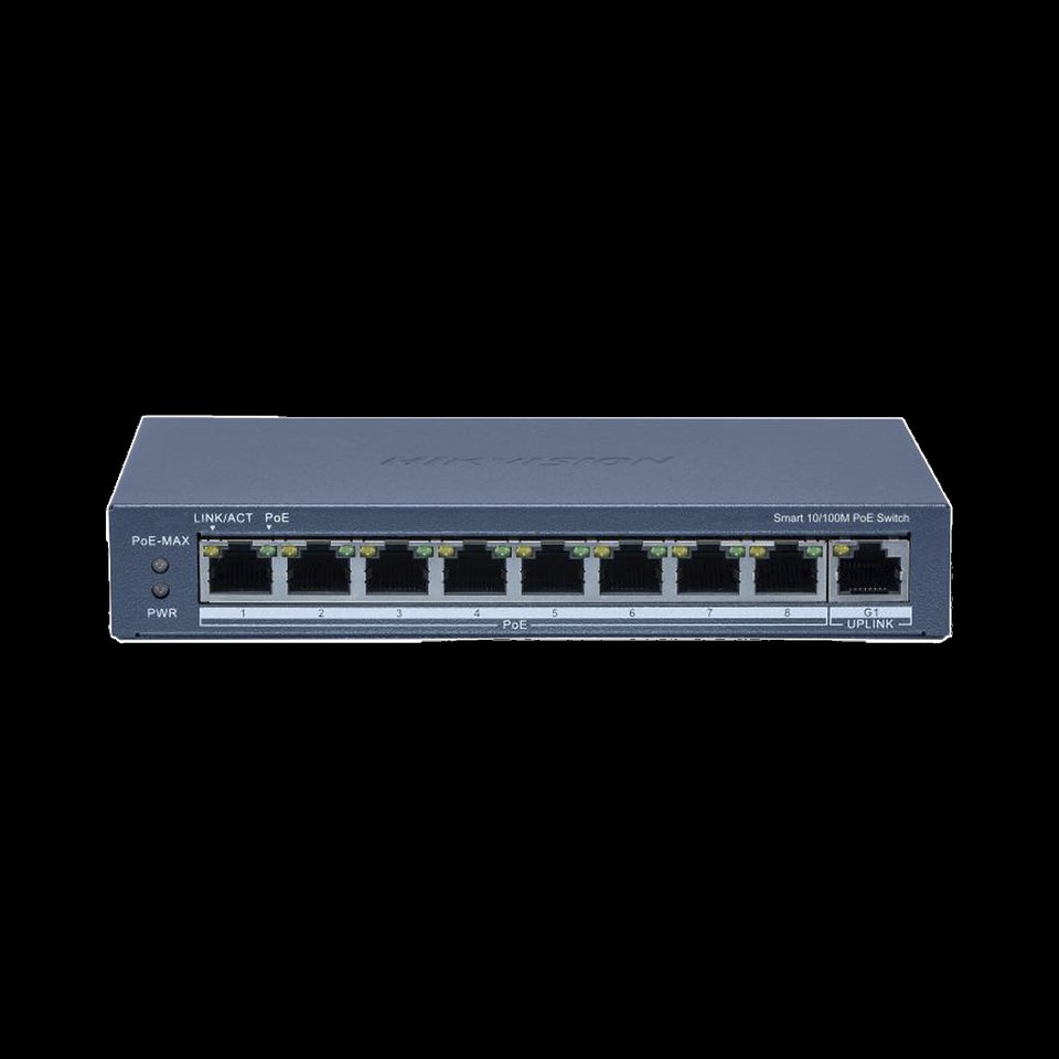 SWITCH POE+ / MONITOREABLE / 8 PUERTOS 10/100 MBPS POE+ / 1 PUERTO 1000 MBPS UPLINK /  CONFIGURACIÓN NUBE HIK-PARTNER PRO / MODO EXTENDIDO HASTA 300 METROS / 60 W