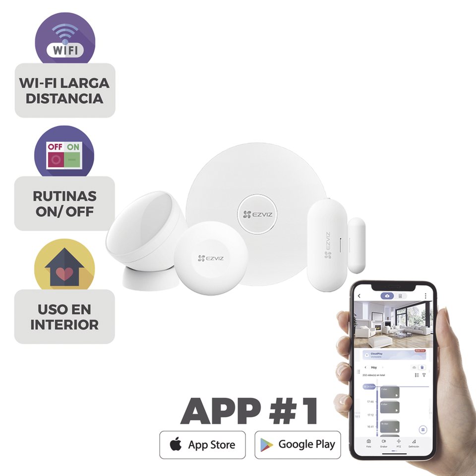 KIT DE ALARMA INALAMBRICO / INCLUYE: 1 HUB, 1 SENSOR PIR, 1 CONTACTO MAGNÉTICO Y 1 SMART BOTON / CONFIGURACIÓN Y VISUALIZACIÓN POR APP MÓVIL EZVIZ / PROTOCOLO ZIGBEE