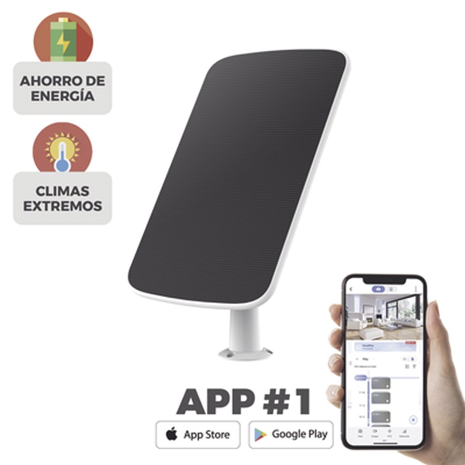 PANEL SOLAR PARA RECARGAR CÁMARA DE BATERÍA MOD. CSBC1C / EVITE DESMONTAR LA CÁMARA PARA RECARGAR SU BATERÍA / CONECTOR TIPO MINIUSB.
