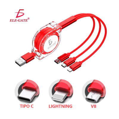 CABLE RETRACTIL USB 3 EN 1 CONEXION LIGHTNING/MICRO USB/TIPO C ELE-GATE WI.164 COLORES